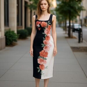 NWT ALEXA B SCUBA FLORAL PLACEMENT PRINT MIDI DRESS STRETCH SZ-6